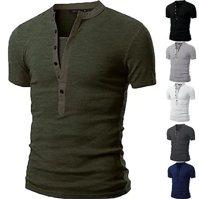 Mens Casual Slim Fit V Neck T-Shirt Muscle Tee Tops Short Sleeve Button Blouse • $9.56