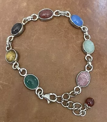 Vintage Egyptian Revival 925 Sterling Scarab Gemstone Links Bracelet 7-8.5  • $125