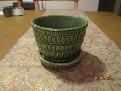 McCoy Vintage OLDER Green Small 5  Flowerpot Attached Saucer DIRTY STAMPED • $28