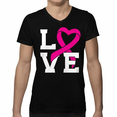 $10.95 • Buy Love Pink Ribbon Breast Cancer Awareness Month October Men's V-Neck T-Shirt