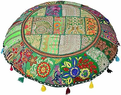 Filled Indian Handmade Round Embroidered Patchwork Vintage Cushion 45cm(D) • £15