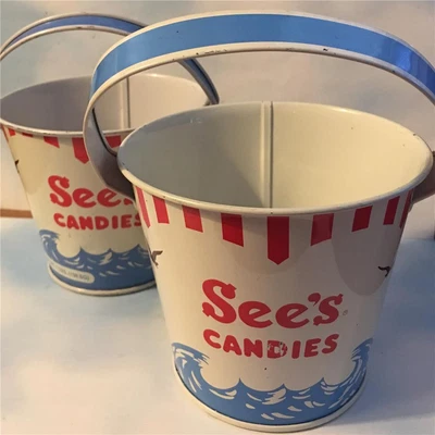 $12.99 • Buy Vtg SEE’S CANDY Candies Tin Litho Bucket Lot 2 Mini Sand Beach Pail Wave Stripe