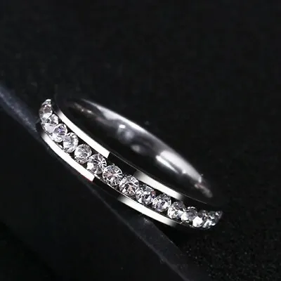 Silver Stainless Steel Channel Set Clear CZ Cubic Zirconia Eternity Ring • $8.99