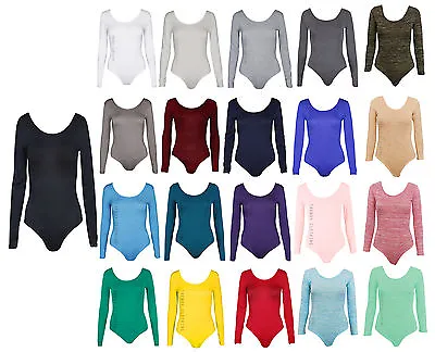 Womens Long Sleeve Stretch Bodysuit Ladies Leotard Body Top Tshirt 8-26 • £4.25