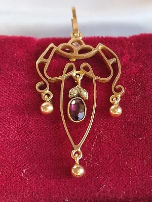 Garnet & Seed Pearl Openwork Pendant - Edwardian Antique - 9ct Gold • £139