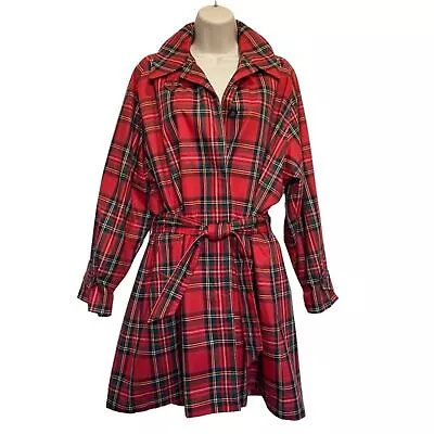 Faconnable Red Plaid Belted Trench Coat Vintage Hidden Button Front Lined Lg • $50