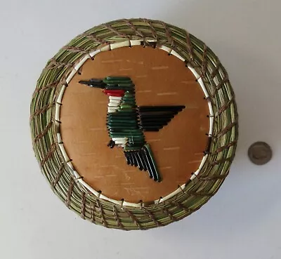 Hummingbird On Round Sweetgrass/Birchbark W/Quill  Basket:   Paul St.John-Mohawk • $127.75