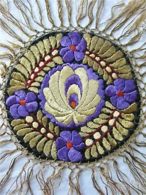 Vintage ETHNIC Hungarian SILK EMBROIDERY MATYO Knotted Fringe Doily MAT Folk Art • $40