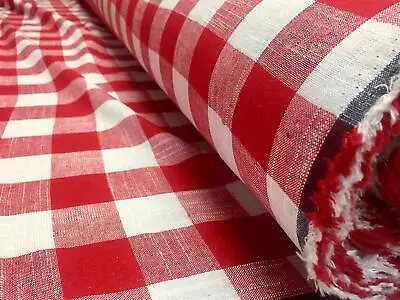 Gingham Linen Checked Fabric Plaid Squared Material 140cm Wide RED White • £0.99