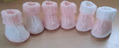 £5 • Buy 3 Pairs New Baby's Hugg Inspired Booties. Newborn.Hand Knitted. Pink / White. 