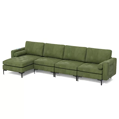 Modular L-shaped Sectional Sofa With 2 Side Bolsters For Living Room Army Green • $639.99