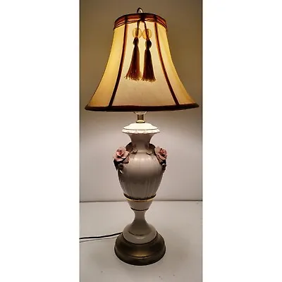 Porcelain Floral Capodimonte Lamp And Beaded Tassel Fringe Lampshade Vintage • $250
