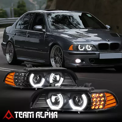 Fits 1996-2003 BMW E39 5-Series{DUAL 3D LED HALO}Black Projector Headlight Lamp • $266.89