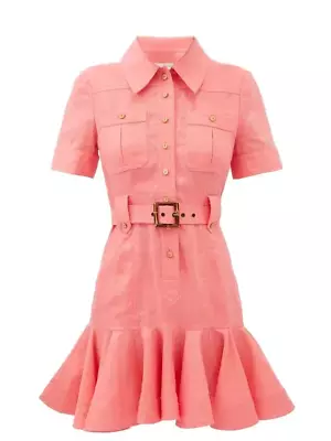 $650 Mint 1  Wear Zimmerman Poppy Watermelon Pink Belted Linen Mini Dress 1-10-8 • $220