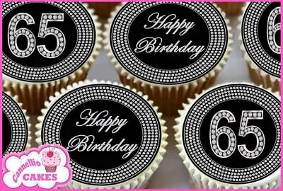65th Age 65 Happy Birthday Black Diamond Edible Cupcake Toppers Decorations 8378 • £2.99