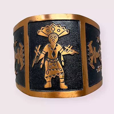 Vintage Copper Native Mayan Aztec Tribal Storybook Thick Cuff Bracelet Estate • $35.38