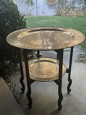 Vintage Etched BRASS Double TRAY TOP Wood Folding Legs Table 24” Top 16” Bottom • $265