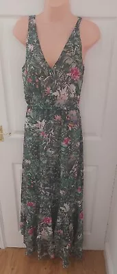 H&M Conscious Collection Green Chiffon Botanical Tropical Print Maxi Dress UK 8 • £22