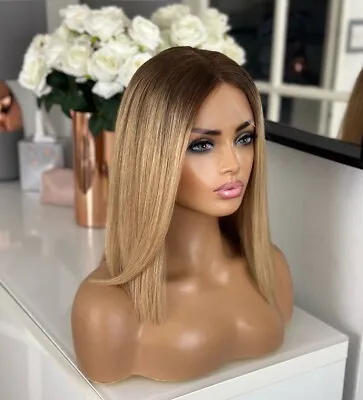 Honey Blonde Spice Ombre Roots Lace Long Bob 14” 100% Virgin Human Hair Wig • £159.99