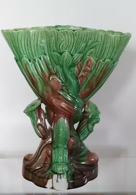 Antique Majolica Green And Brown - Hand-Painted -  Sea Serpent Vase • £28.99