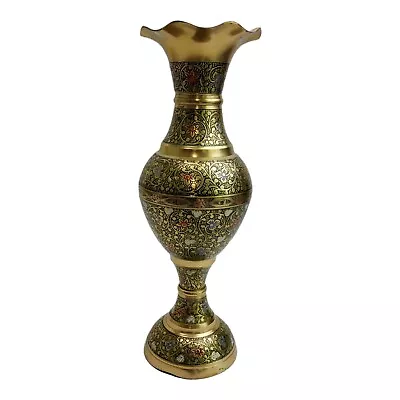 £19.05 • Buy Vintage Engraved Etched Morrocan Solid Brass Vase Ruffled Edge Colored Inlay