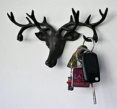 6 Hook Stag's Head Wall Mounted Keys Pet Lead Holder Home Decor Antler Cast Iron • £9.99