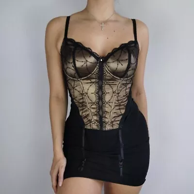 Splendour Corset Basque Top 36D Suspenders Gold Black Goth Lingerie Party Grunge • £25