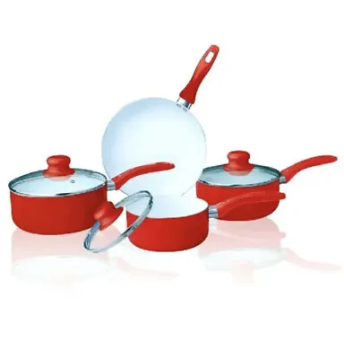 Ceramic Non Stick 7pcs Saucepan Pot Frying Pan Cookware Set With Glass Lid Red • £34.89