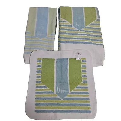 Vintage Vera Neumann Towel Washcloth Hand Towel Set Blue Green 70s NEW Old Stock • $149.99