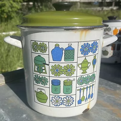 Vintage Enamelware 4 Qt Stock Pot W/ Lid Blue Green Retro Kitchen Ware 7” Deep • $17.95