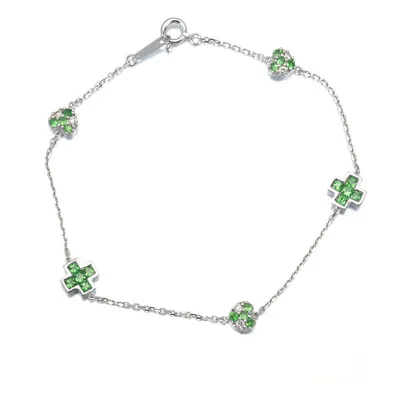 Green Garnet Diamond Cross Heart Station Bracelet 18K 750 White Gold • $811.89