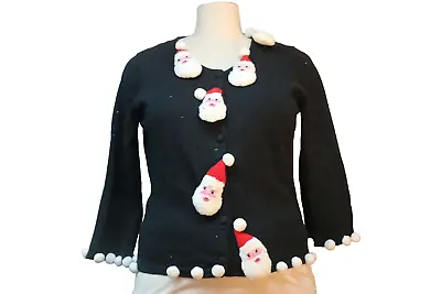 Christmas Sweater Michael Simon Cardigan Small Vintage SANTA Embroidered Black • $80