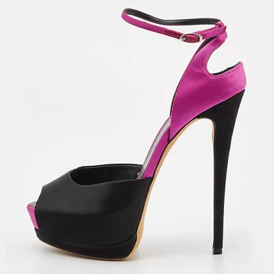 Giuseppe Zanotti Black/Pink Satin And Suede Peep Toe Platform Ankle Sandals • $121.80