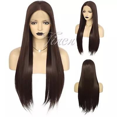 Dark Brown Long Straight Premium Synthetic Lace Front Wig For Wowen Middle Part • $44.99