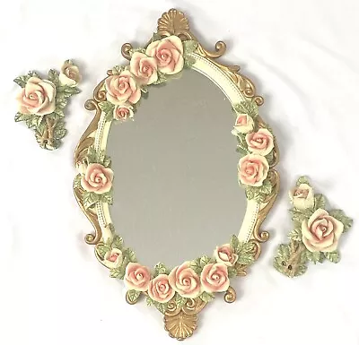 Vtg Wall Mirror Capodimonte Style Roses French Country Boho Oval W/ 2 Accent Pcs • $79.99