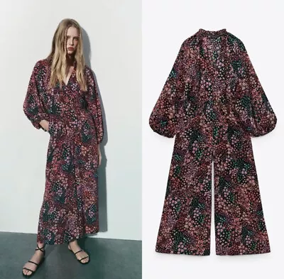 NWT ZARA Floral Print Full Length Balloon Sleeves Jumpsuit Sz M • $52.99