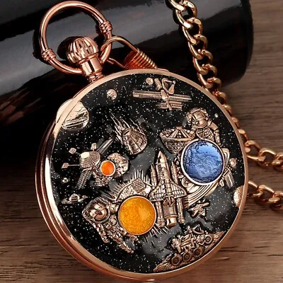 Uncommon Musical Movement Quartz Pocket Watch Space Case Fob Watches With Chain • $15.18