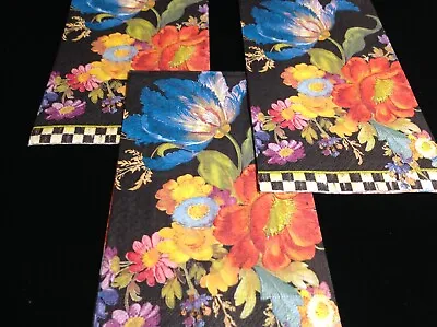 MacKenzie Childs Black Flower Market Paper Guest Napkins (3) For Decoupage • $8