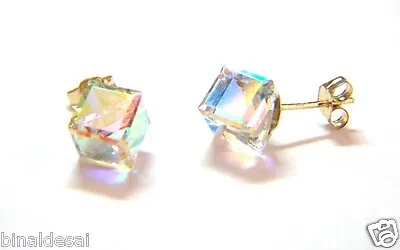 £22.99 • Buy 9ct Gold 6mm Swarovski Elements Aurora Borealis AB Crystal Cube Studs Earrings N