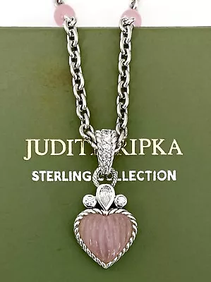 JUDITH RIPKA Sterling Silver Carved PINK JADE HEART DIAMONIQUE Necklace~NEW! • $120