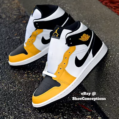 Nike Air Jordan 1 Mid Shoes Black White Yellow Ochre DQ8426-701 Men's Sizes NEW • $100