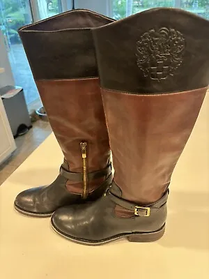 Vince Camuto Two Tone Black Brown Leather Riding Boots 7.5 Flavian • $26.95