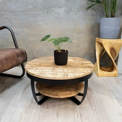 $79.90 • Buy Industrial Round Coffee Table Side End Solid Mango Wood Shelf Tea Snack Cocktail