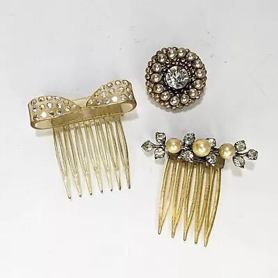 Lot 3 1950’s PCs 2 Vintage Rhinestone Crystal Lucite Hair Combs 1 Pin Glitter  • $32