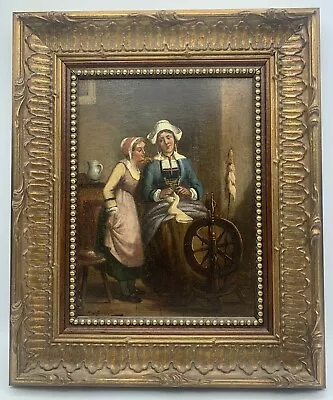 Vintage Oil Painting  A Knitting Lesson By The Spinning Wheel  • $750
