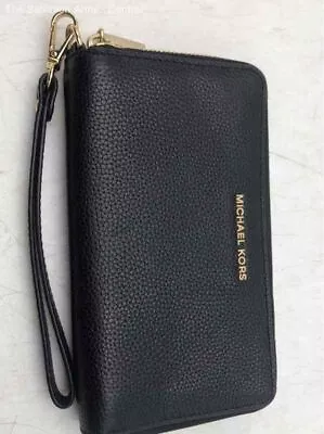 Michael Kors Womens Black Pebbled Leather Wristlet Strap Zip-Around Wallet • $19.50