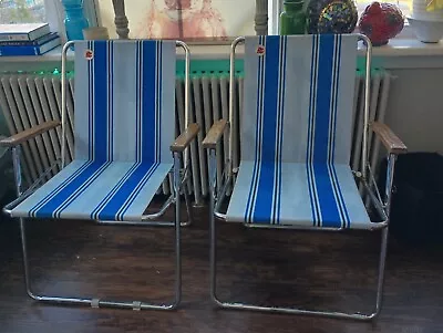 2 Vintage Zip Dee Blue Stripe Folding Lawn Chair Retro RV Airstream Wood MCM  • $199