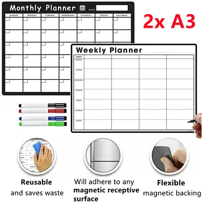 2Pcs Magnetic Fridge Calendar Erase White Board Fridge Weekly + Monthly Planner • £8.99