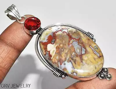 Morrocan Seam Agate & Garnet Gemstone 3.2  Pendant 925 Silver Plated U507-C154 • $6.49