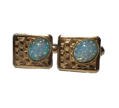 Vintage Gold Tone Faux Opal Cufflinks Square Checker Plate Designer • $29.36